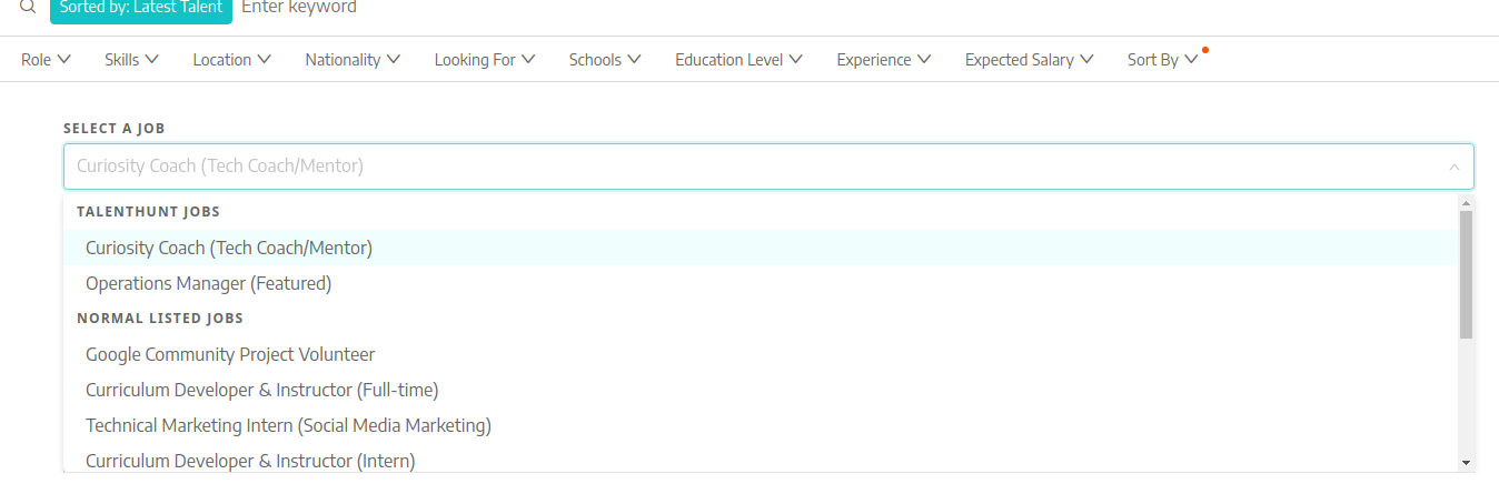 Talent Search  - Job Selection